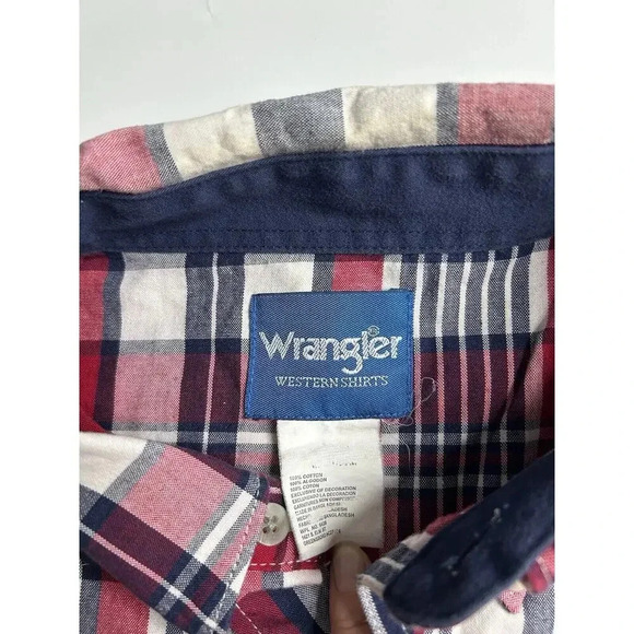 Wrangler Shirt Mens XL Plaid Spellout Patch Logo Western Cowboy Rodeo Button Up - Picture 3 of 7